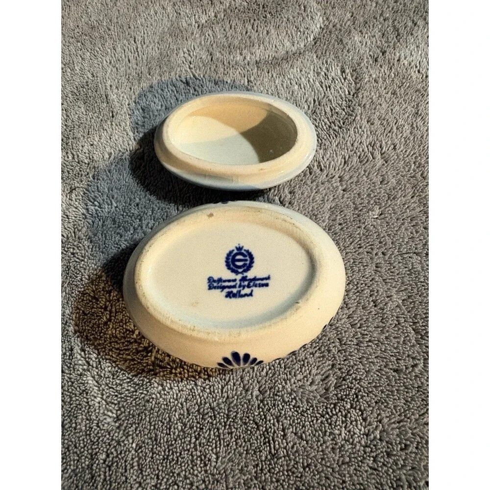 Vintage Delft Blue Nautical Windmill Trinket Jewelry Box Ceramic Holland W Chip